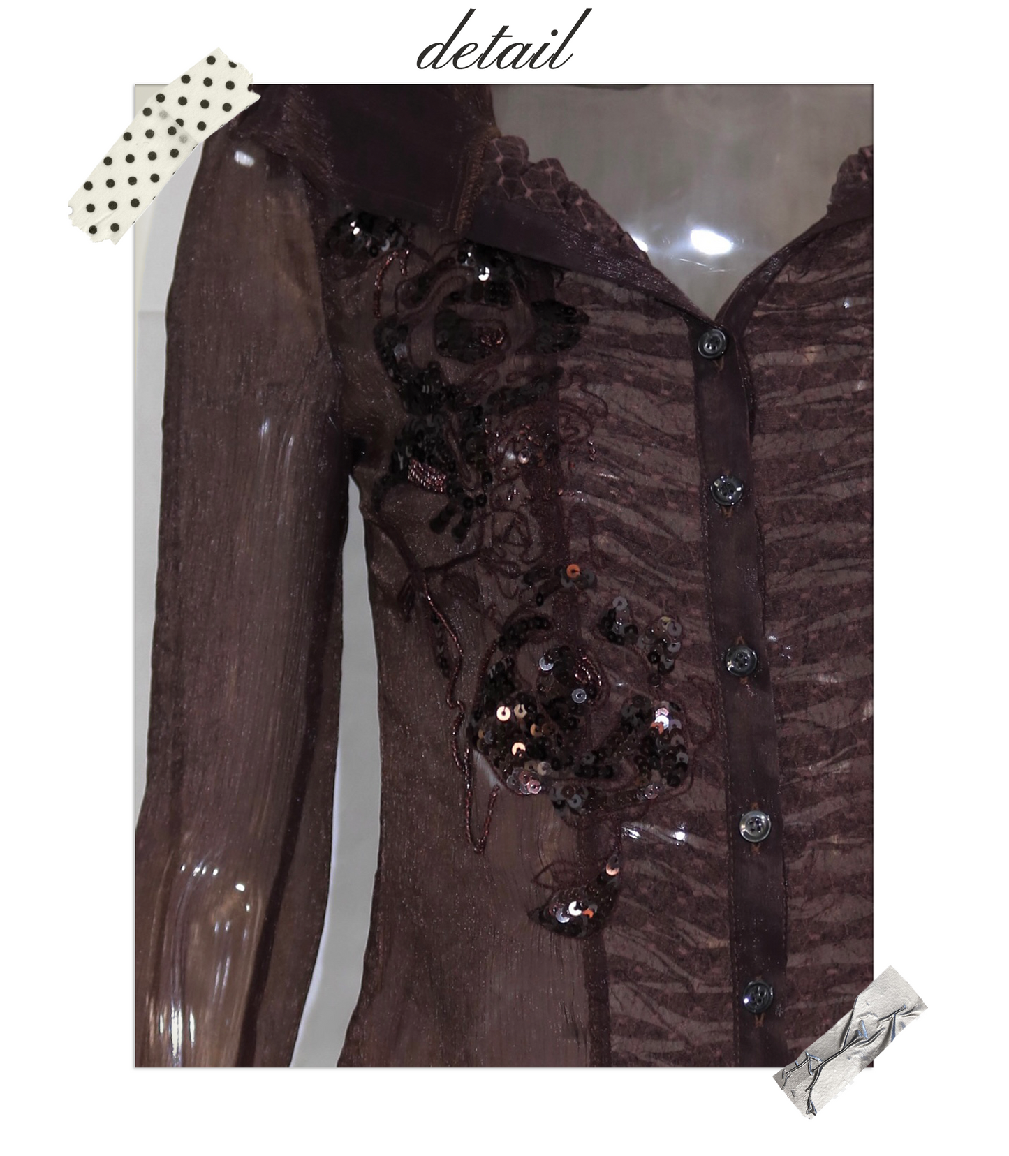 Brown Long-Sleeve Chiffon Blouse with Beaded Embroidery Panels