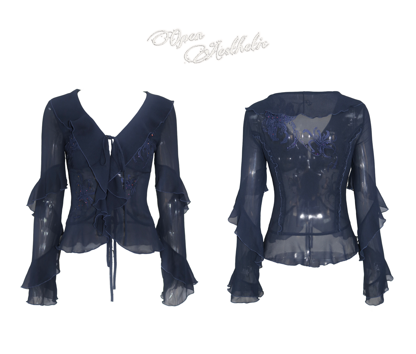 Embroidered & Crystal-Embellished Long-Sleeve Chiffon Top with Lace-Up Detail