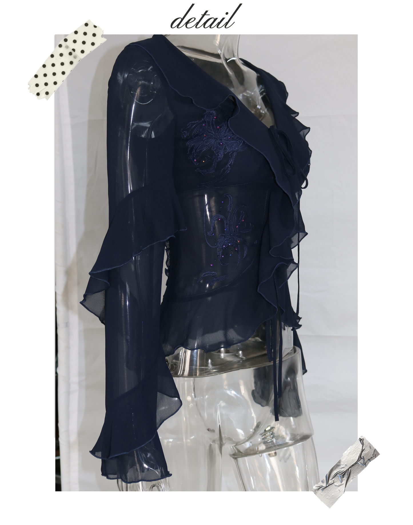 Embroidered & Crystal-Embellished Long-Sleeve Chiffon Top with Lace-Up Detail