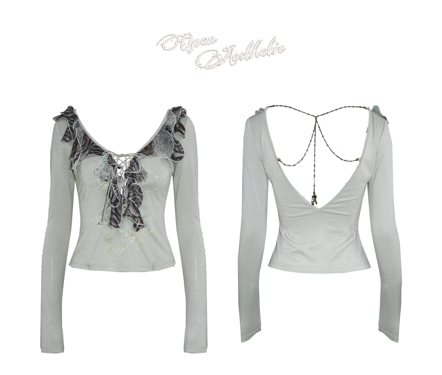 Printed V-Neck Long-Sleeve Stretch Top with Back Chain Detail