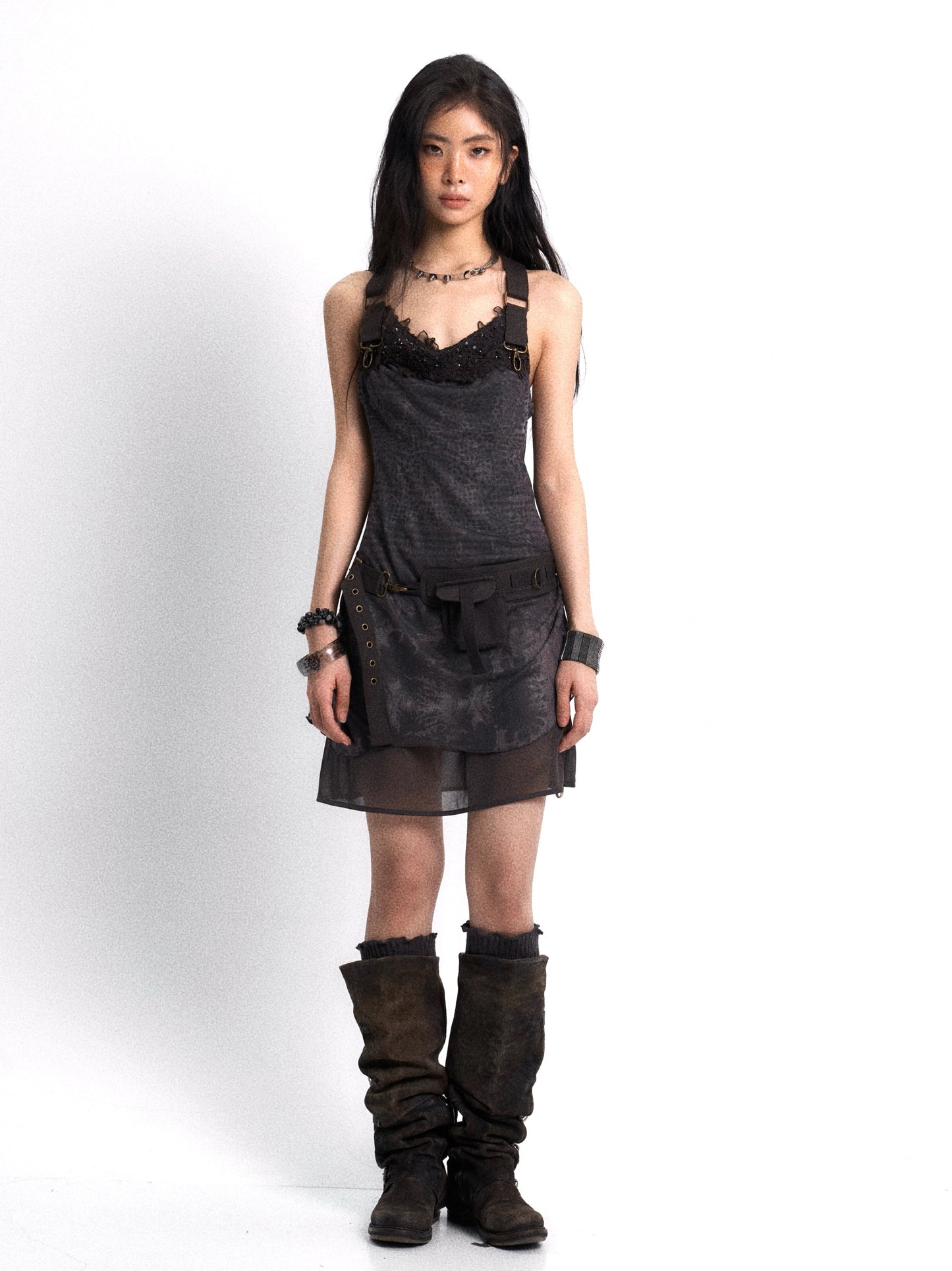 Printed tulle lace embroidered patchwork dress with belt