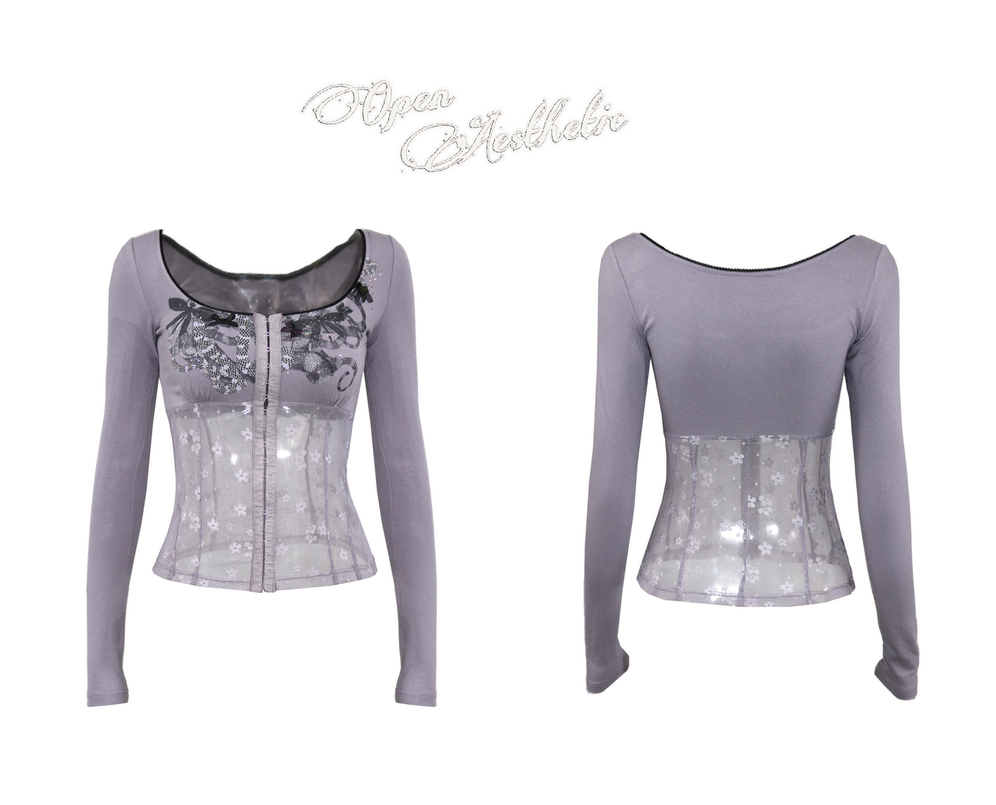 Printed Mesh & Knit Panel Long-Sleeve Top