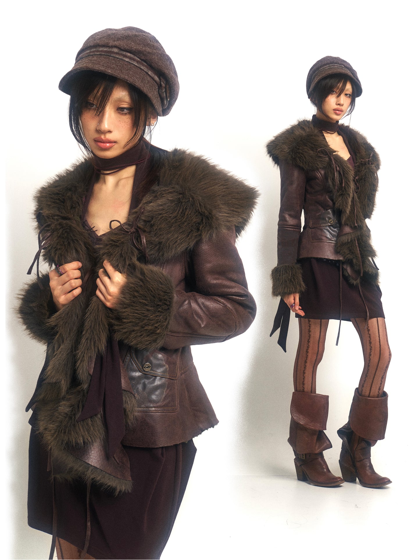Warm fur-lined coat with a large lapel
