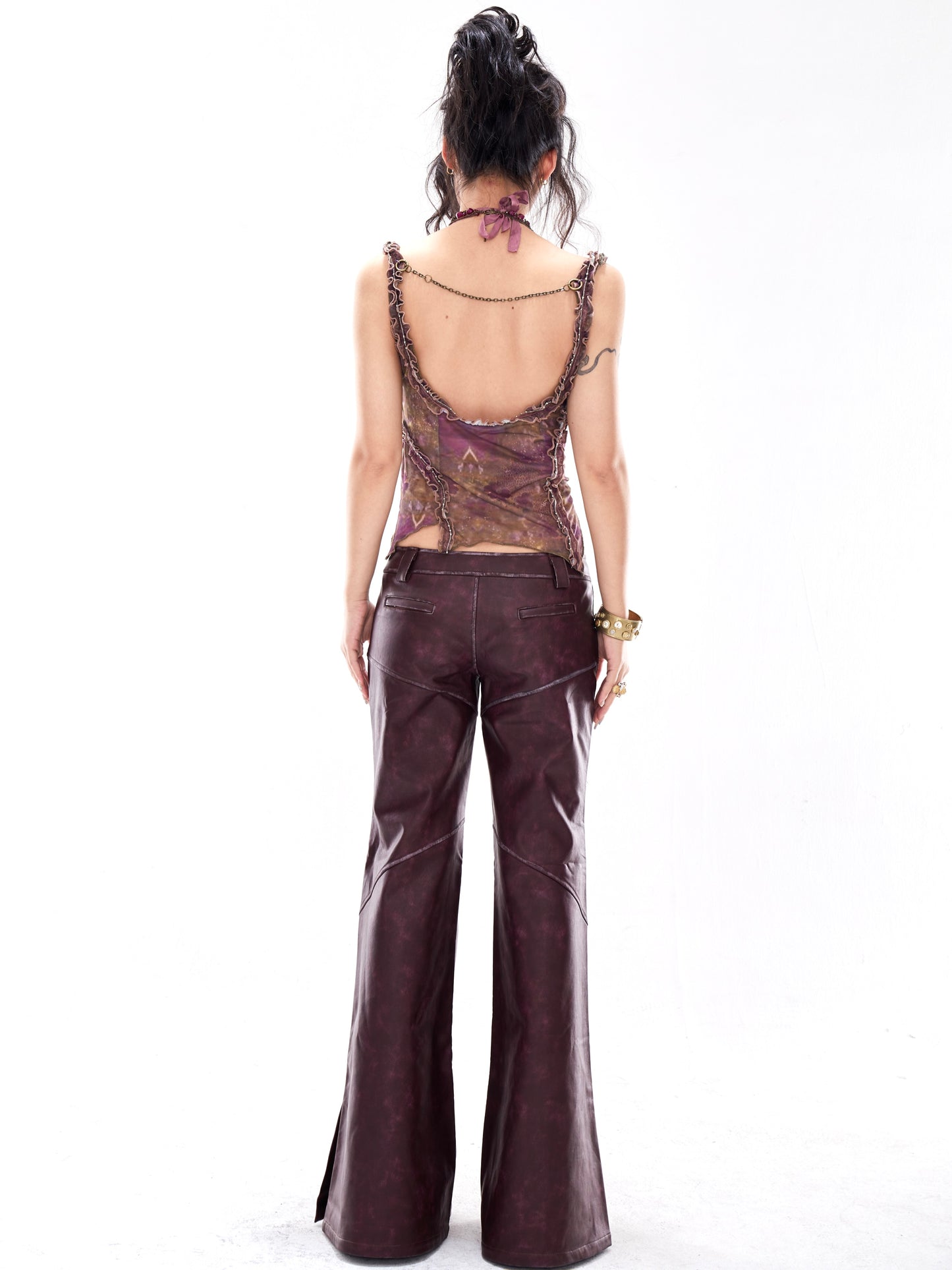 Dark purple heavy made old leather studded flared wide-leg trousers