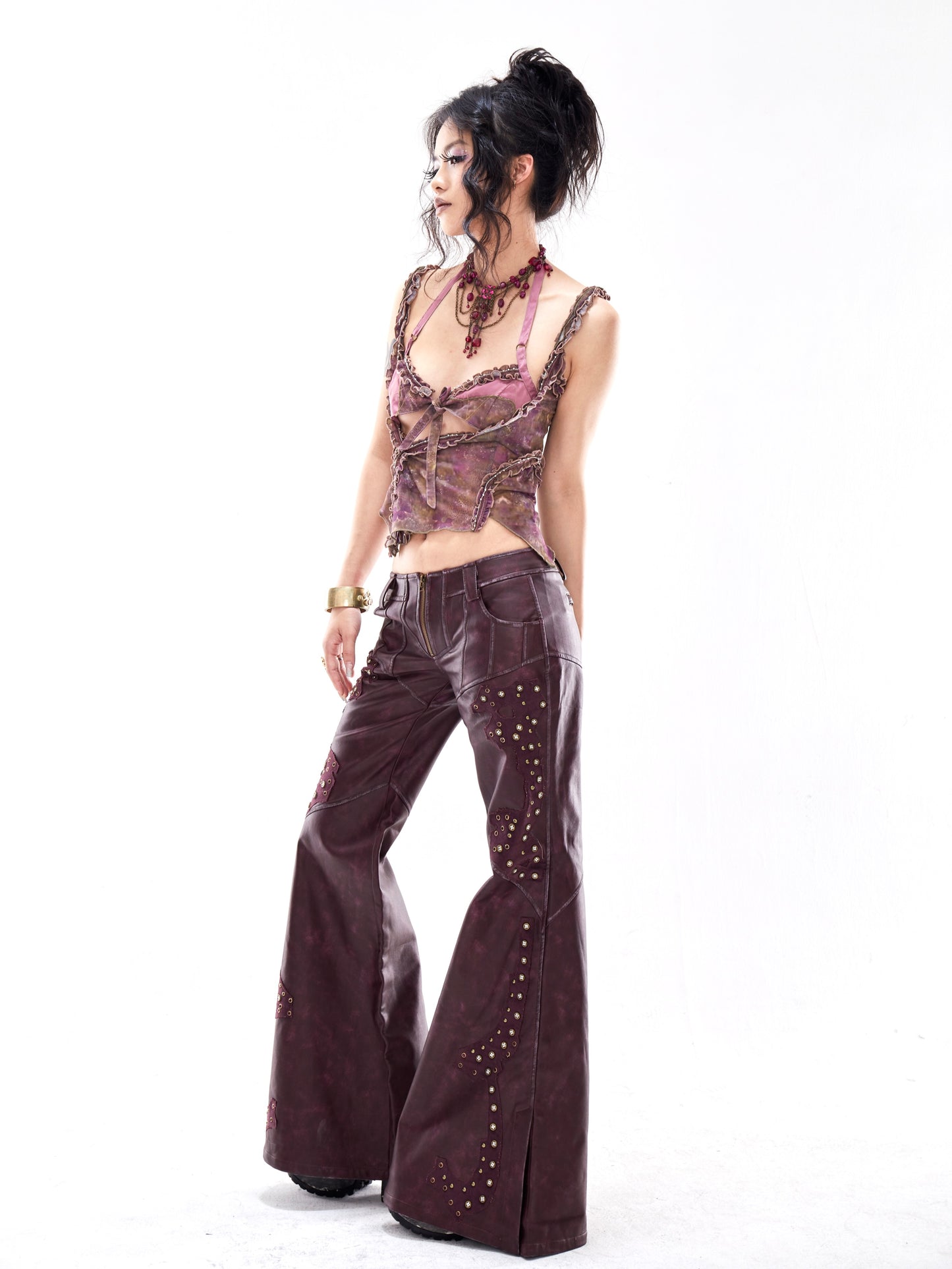 Dark purple heavy made old leather studded flared wide-leg trousers