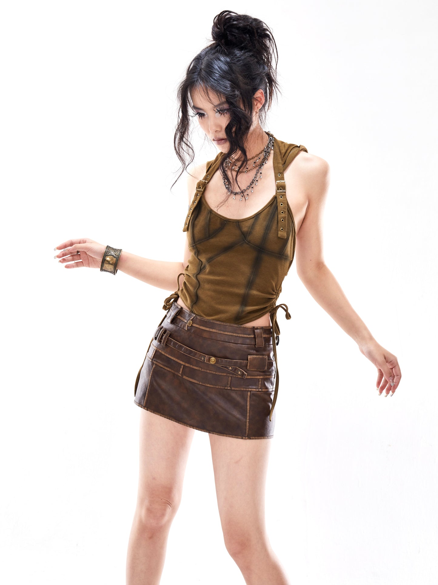 Hooded faux leather skirt + necklace