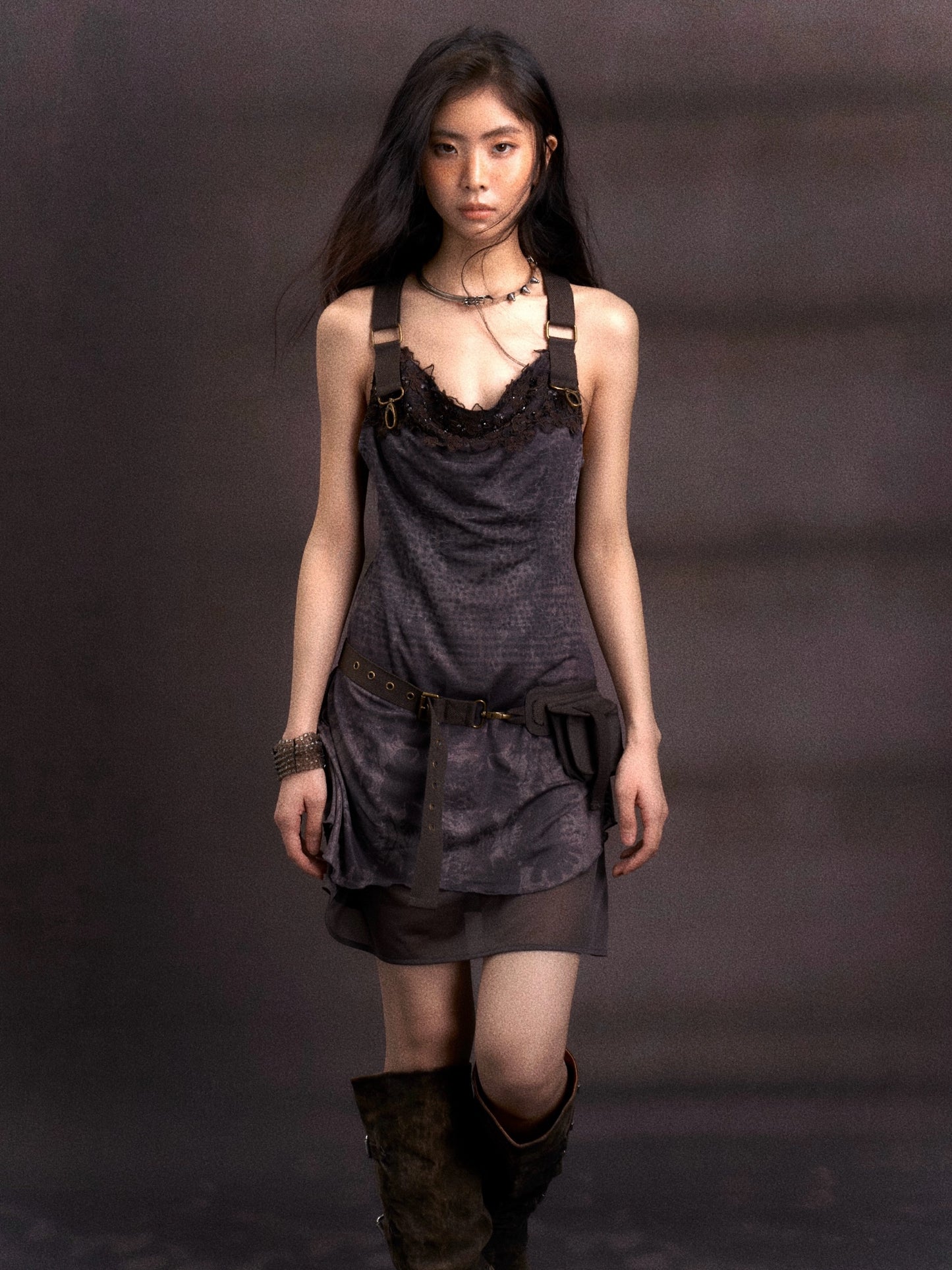 Printed tulle lace embroidered patchwork dress with belt