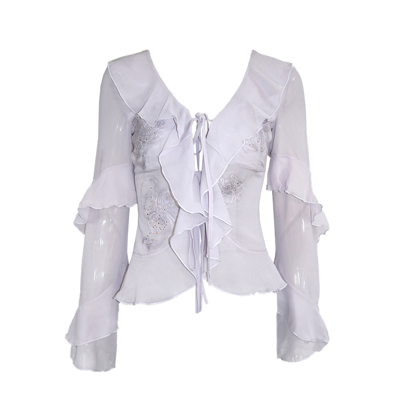 Embroidered & Crystal-Embellished Long-Sleeve Chiffon Top with Lace-Up Detail