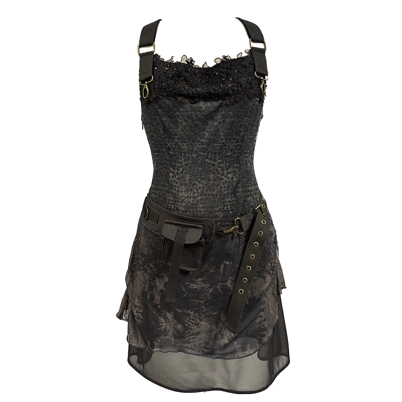 Printed tulle lace embroidered patchwork dress with belt