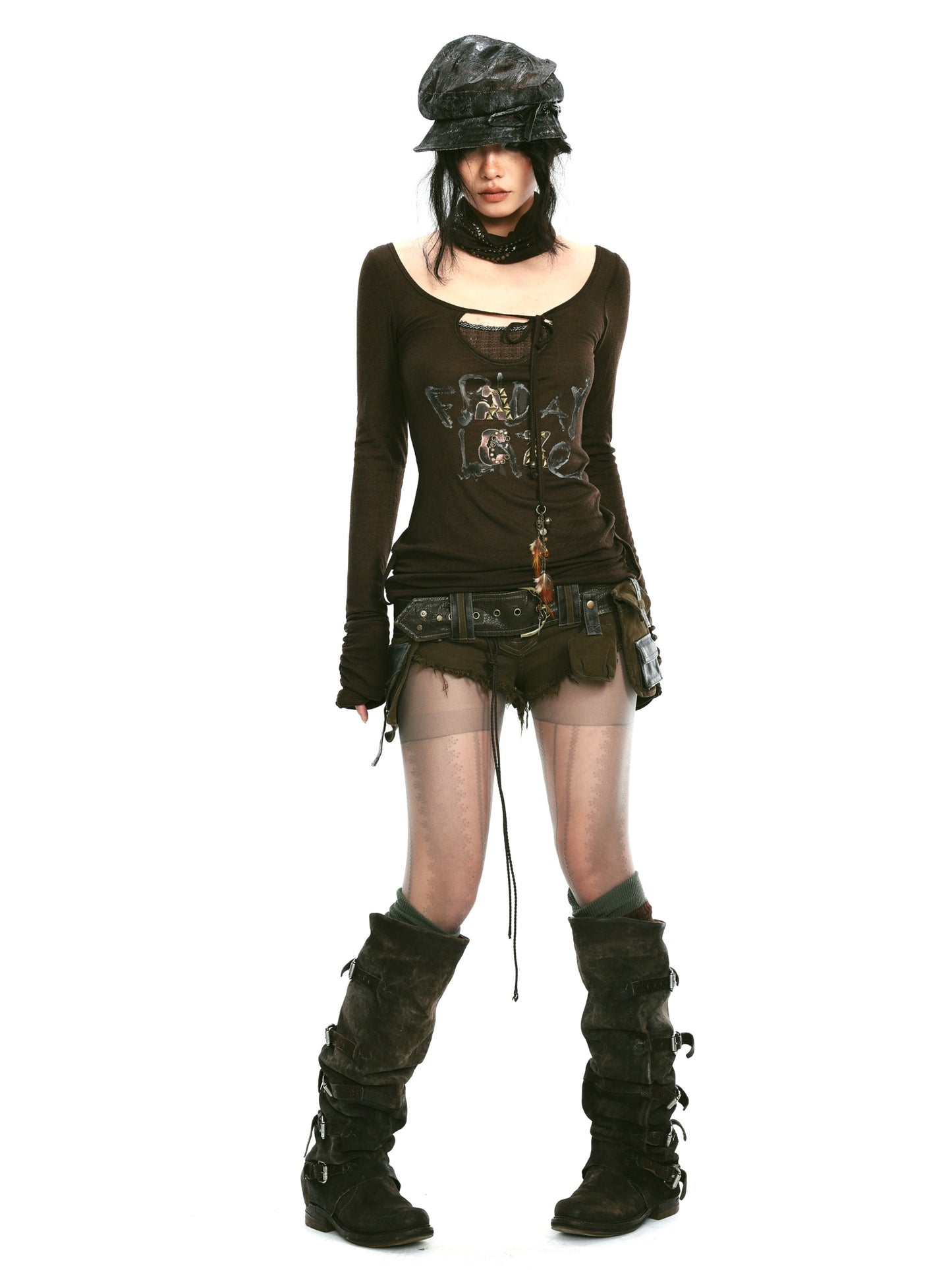 Rivet and print embellished stretch knit top with neckerchief