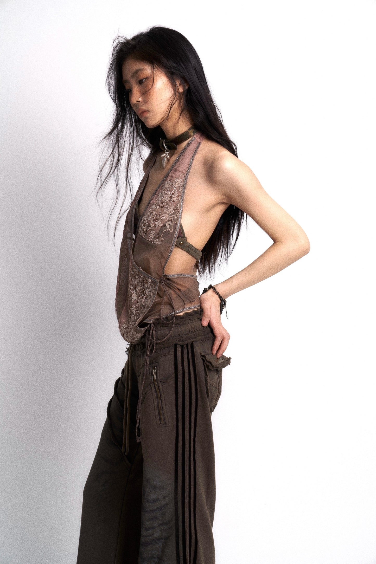 Beaded embroidery decorated chiffon halter top