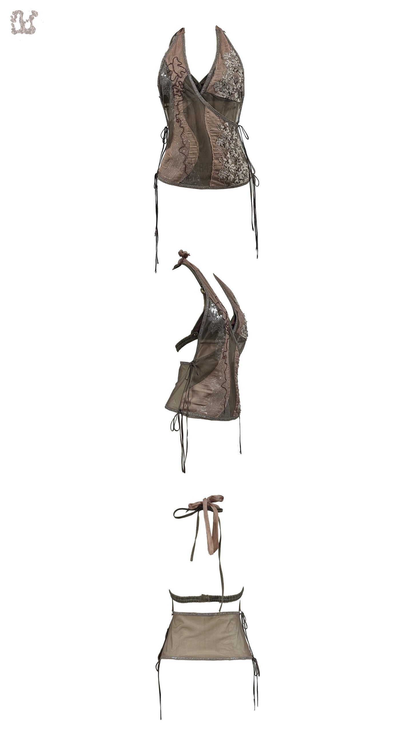 Beaded embroidery decorated chiffon halter top