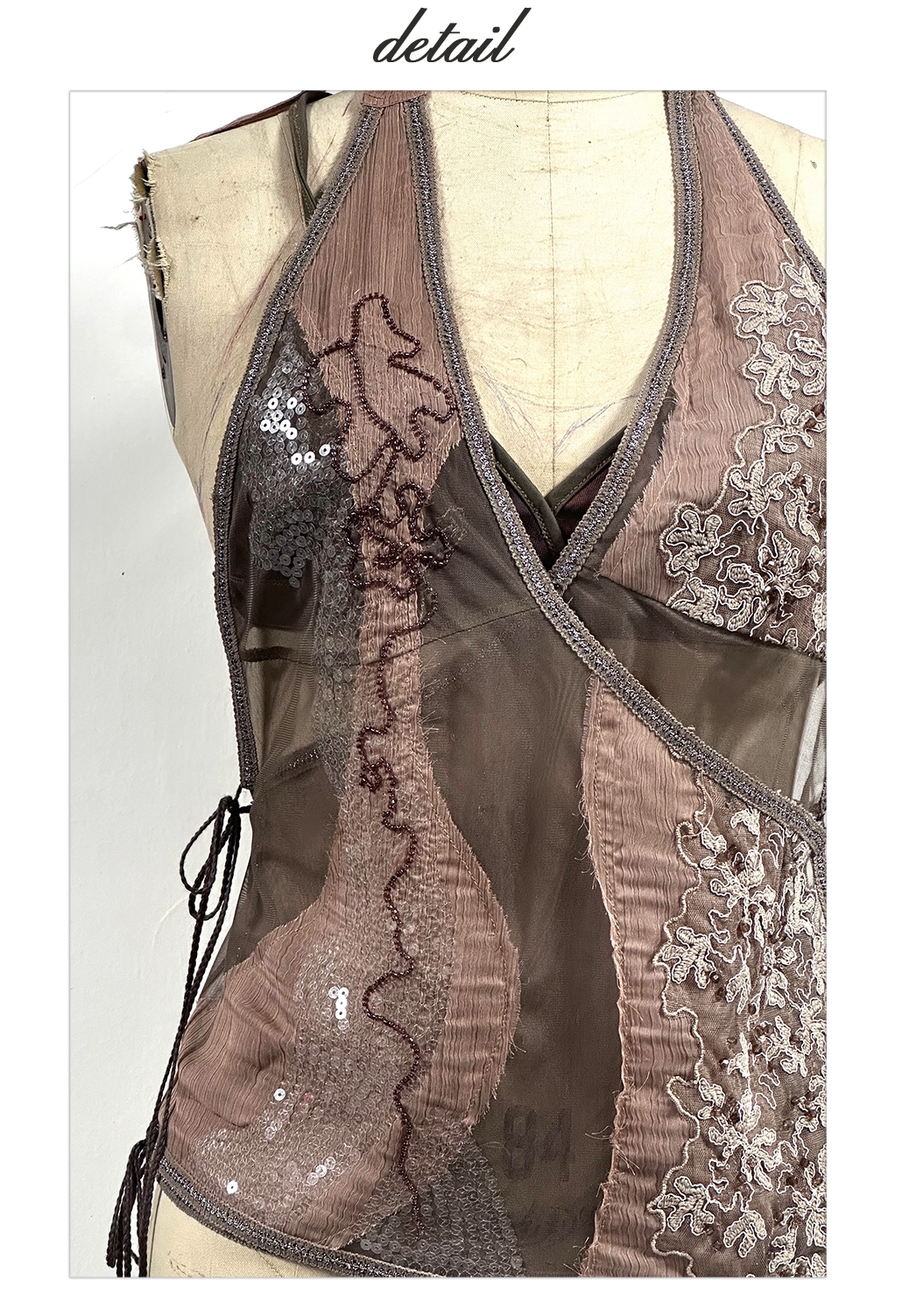 Beaded embroidery decorated chiffon halter top