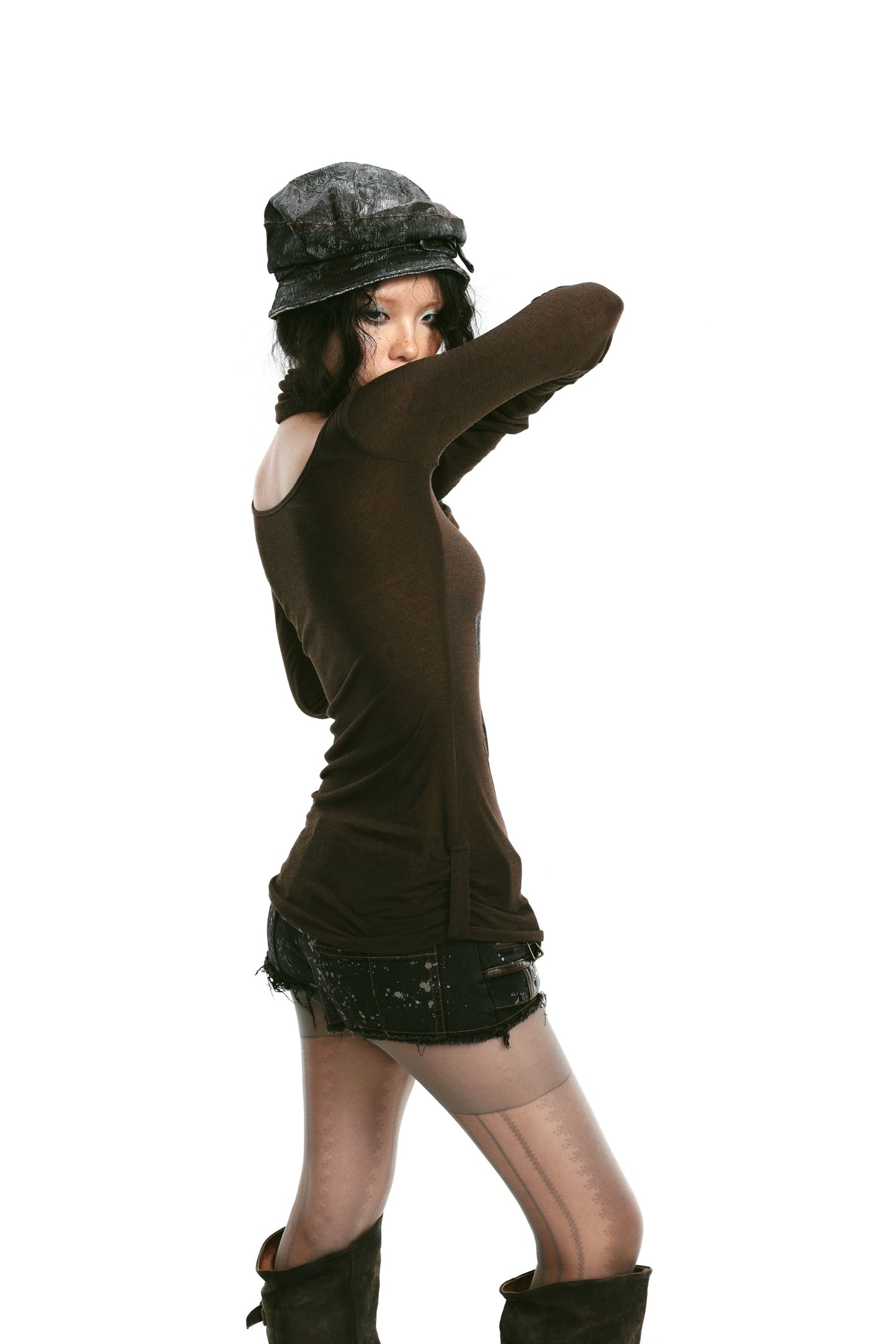 Rivet and print embellished stretch knit top with neckerchief