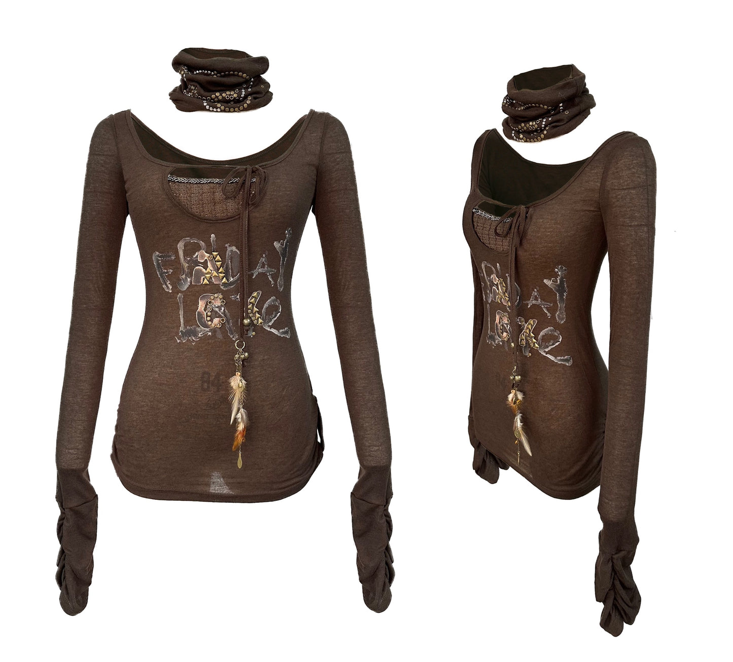 Rivet and print embellished stretch knit top with neckerchief
