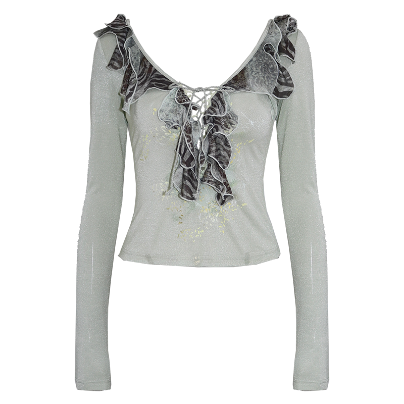 Printed V-Neck Long-Sleeve Stretch Top with Back Chain Detail