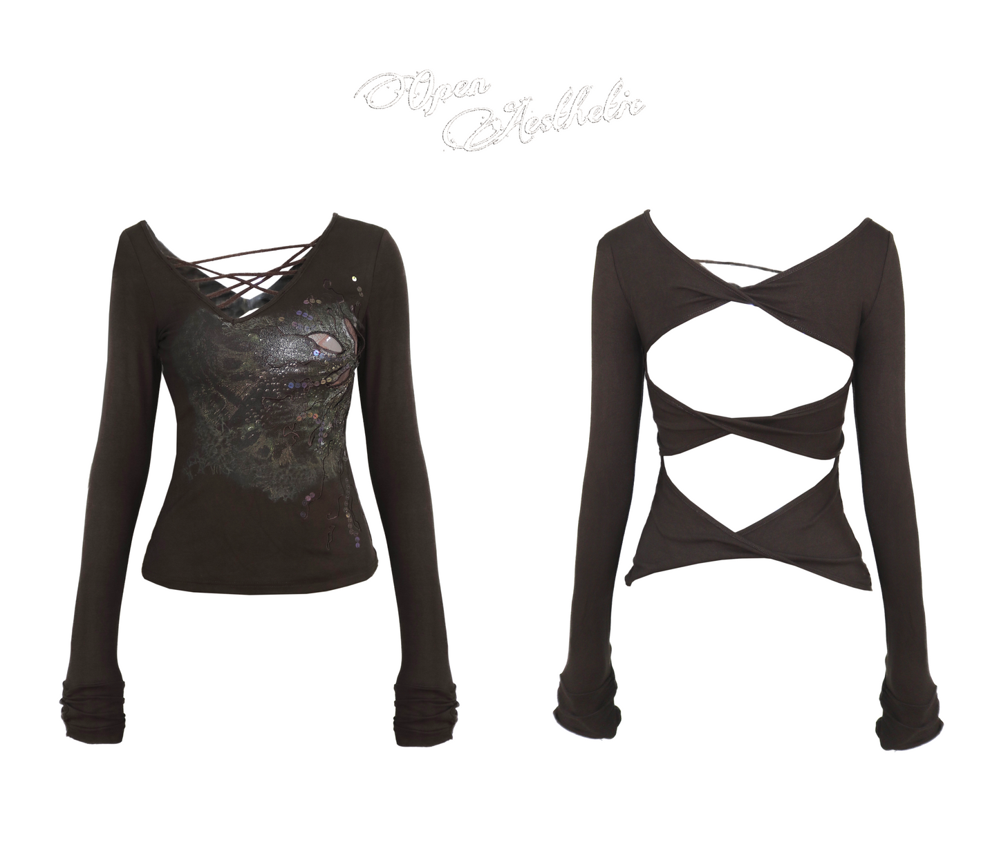 Sequin-Embroidered Pattern Long-Sleeve Knit Top with Cross-Over Straps
