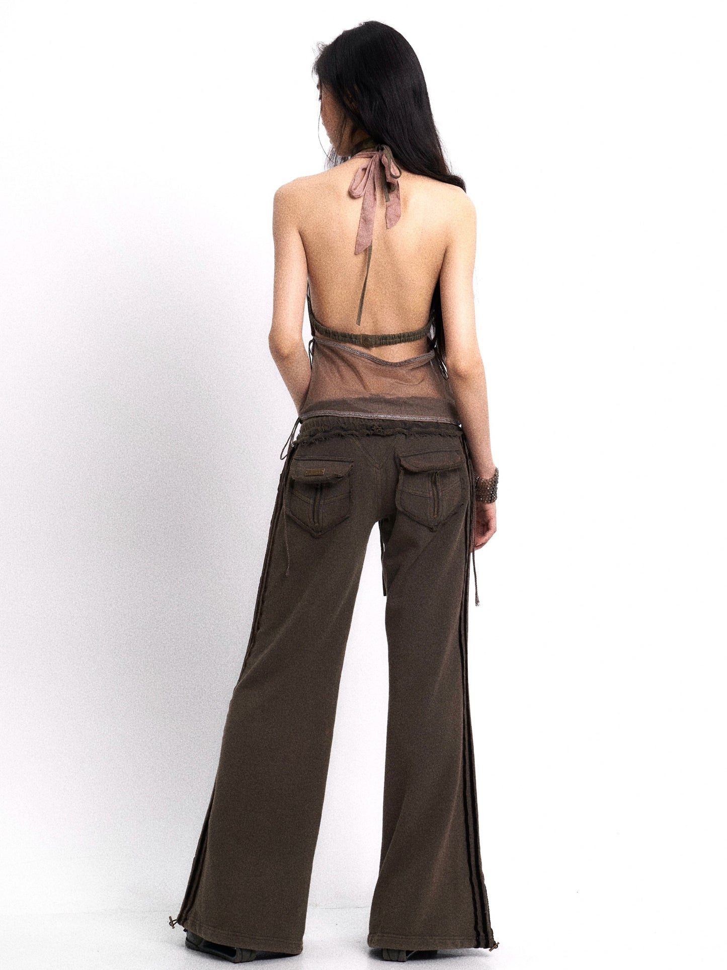 Beaded embroidery decorated chiffon halter top