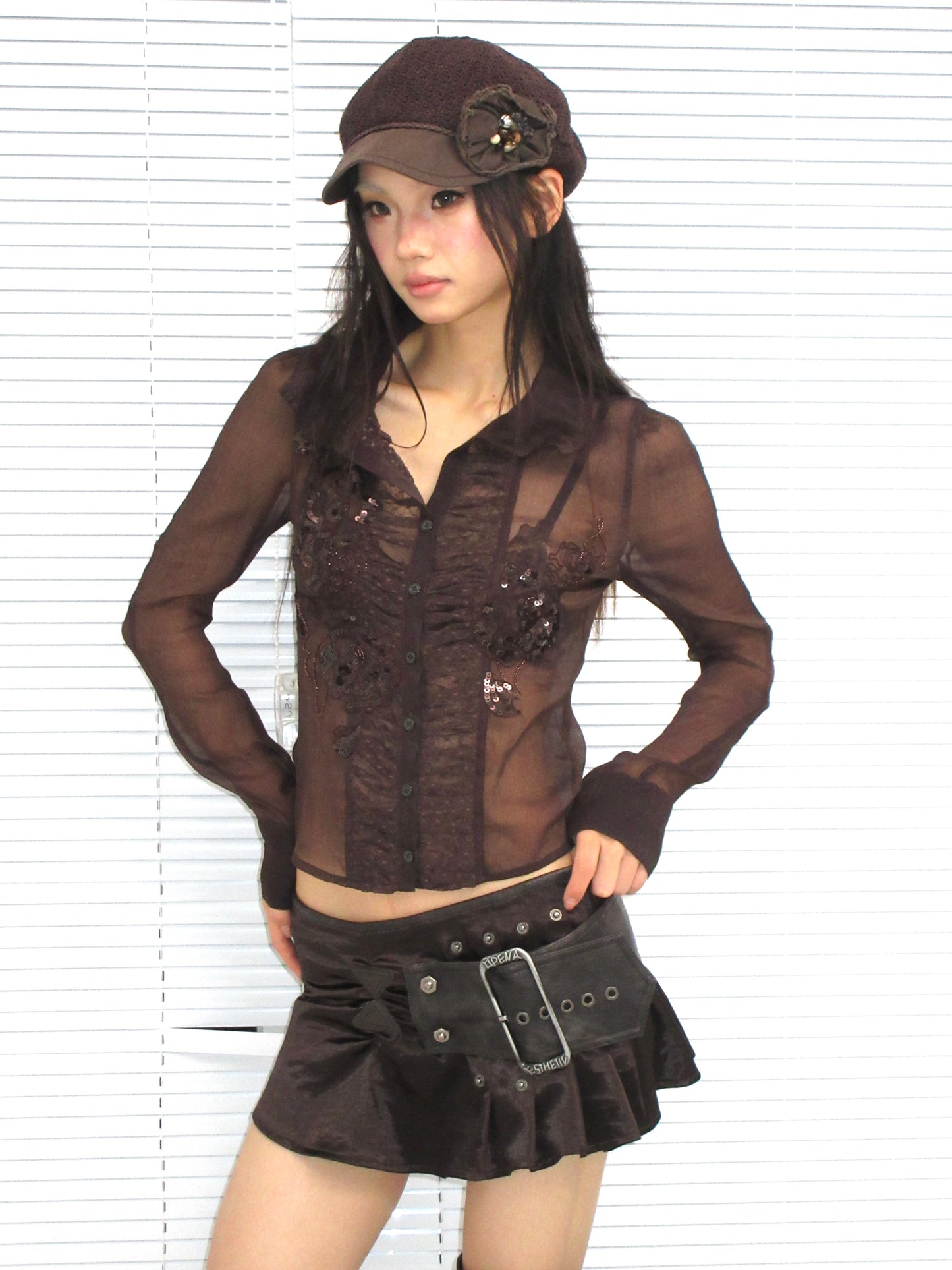 Brown Long-Sleeve Chiffon Blouse with Beaded Embroidery Panels