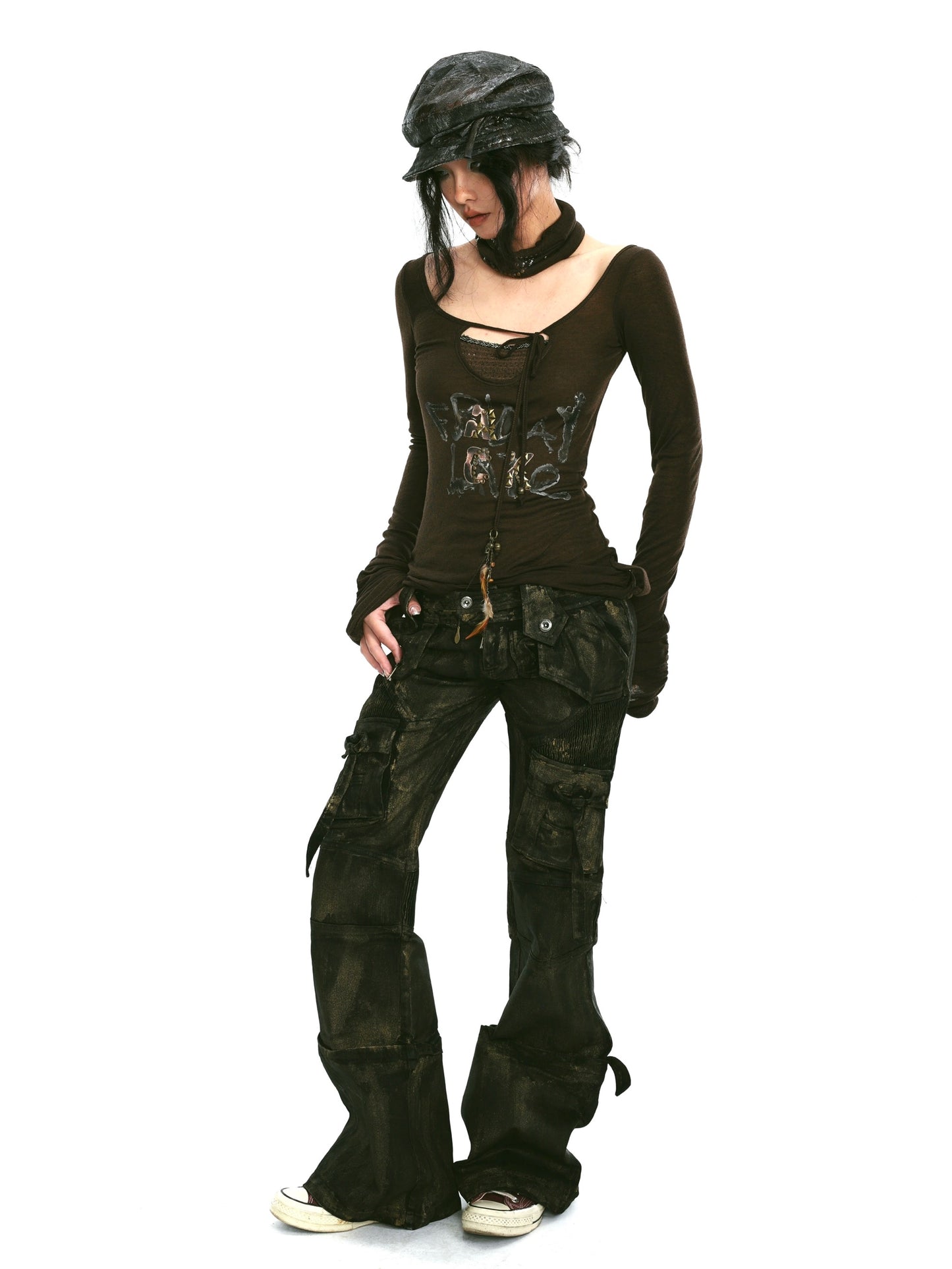 Rivet and print embellished stretch knit top with neckerchief