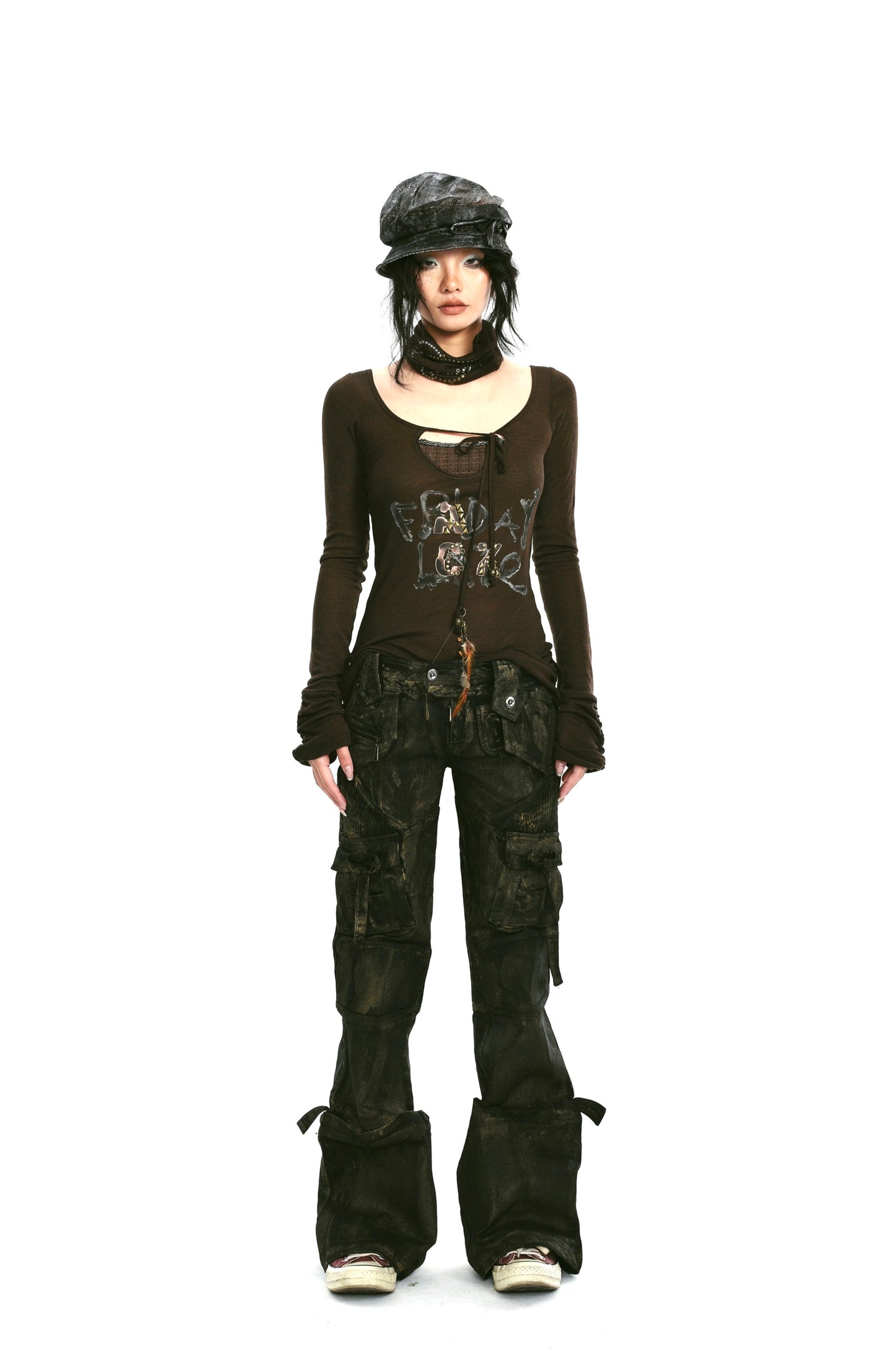 Rivet and print embellished stretch knit top with neckerchief