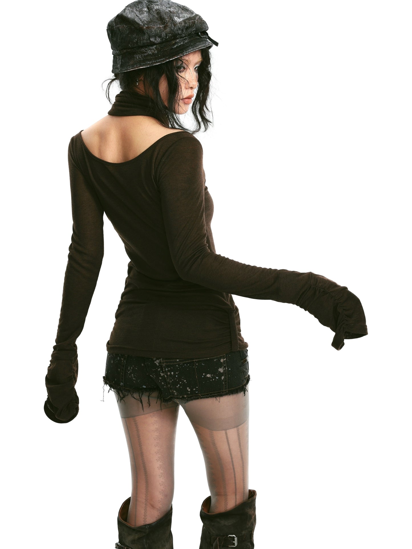 Rivet and print embellished stretch knit top with neckerchief