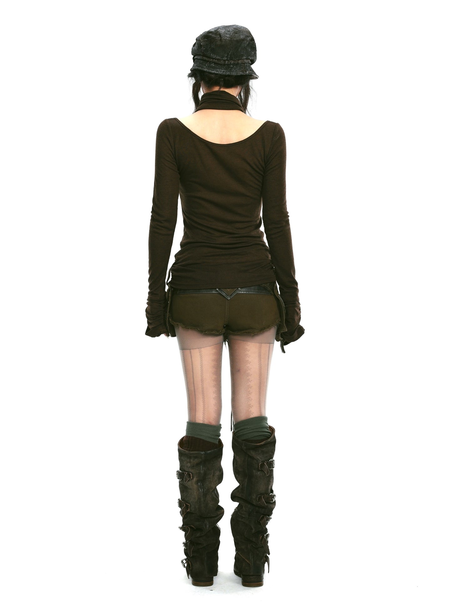 Rivet and print embellished stretch knit top with neckerchief