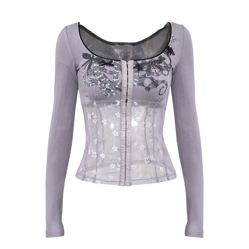 Printed Mesh & Knit Panel Long-Sleeve Top