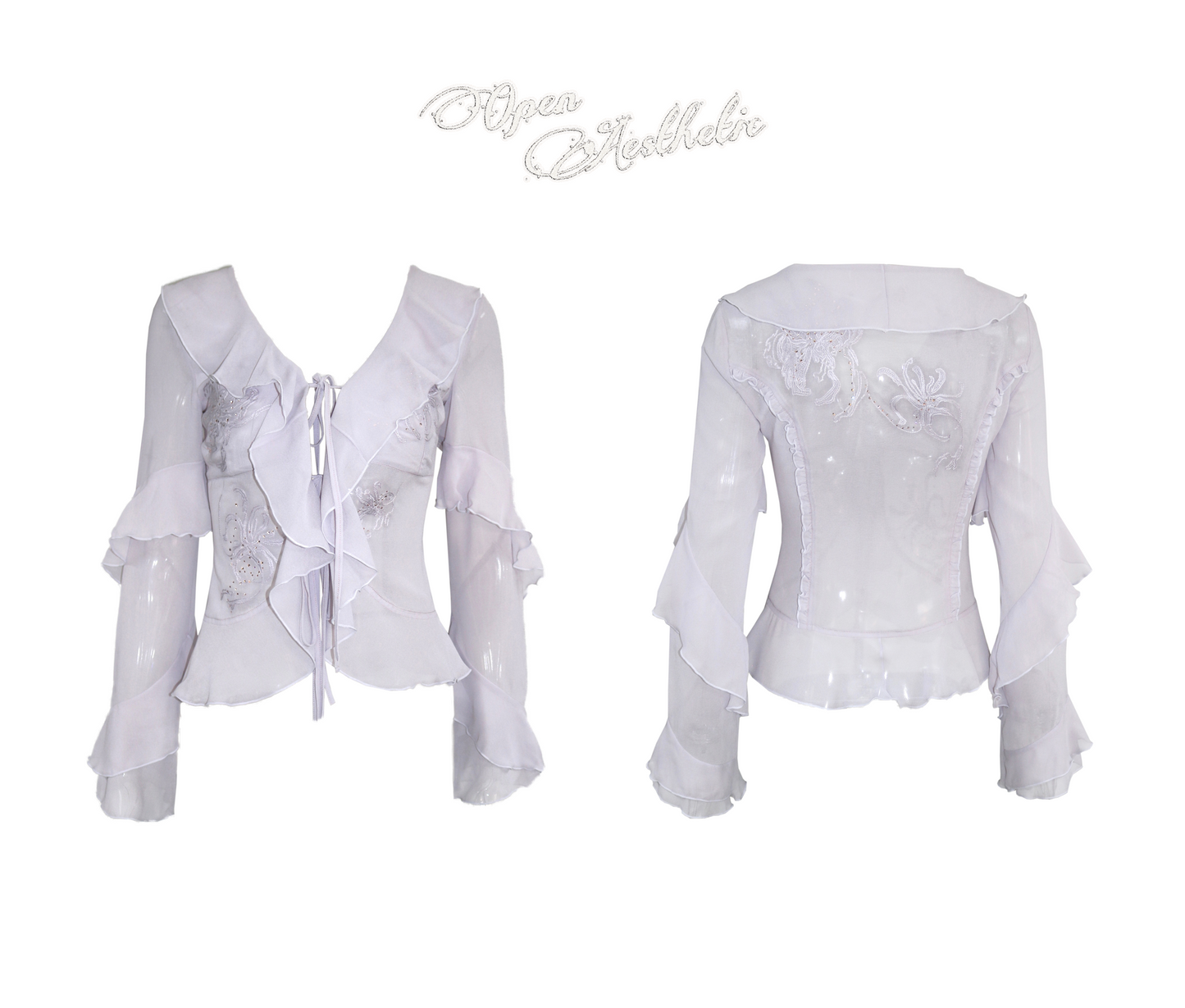 Embroidered & Crystal-Embellished Long-Sleeve Chiffon Top with Lace-Up Detail