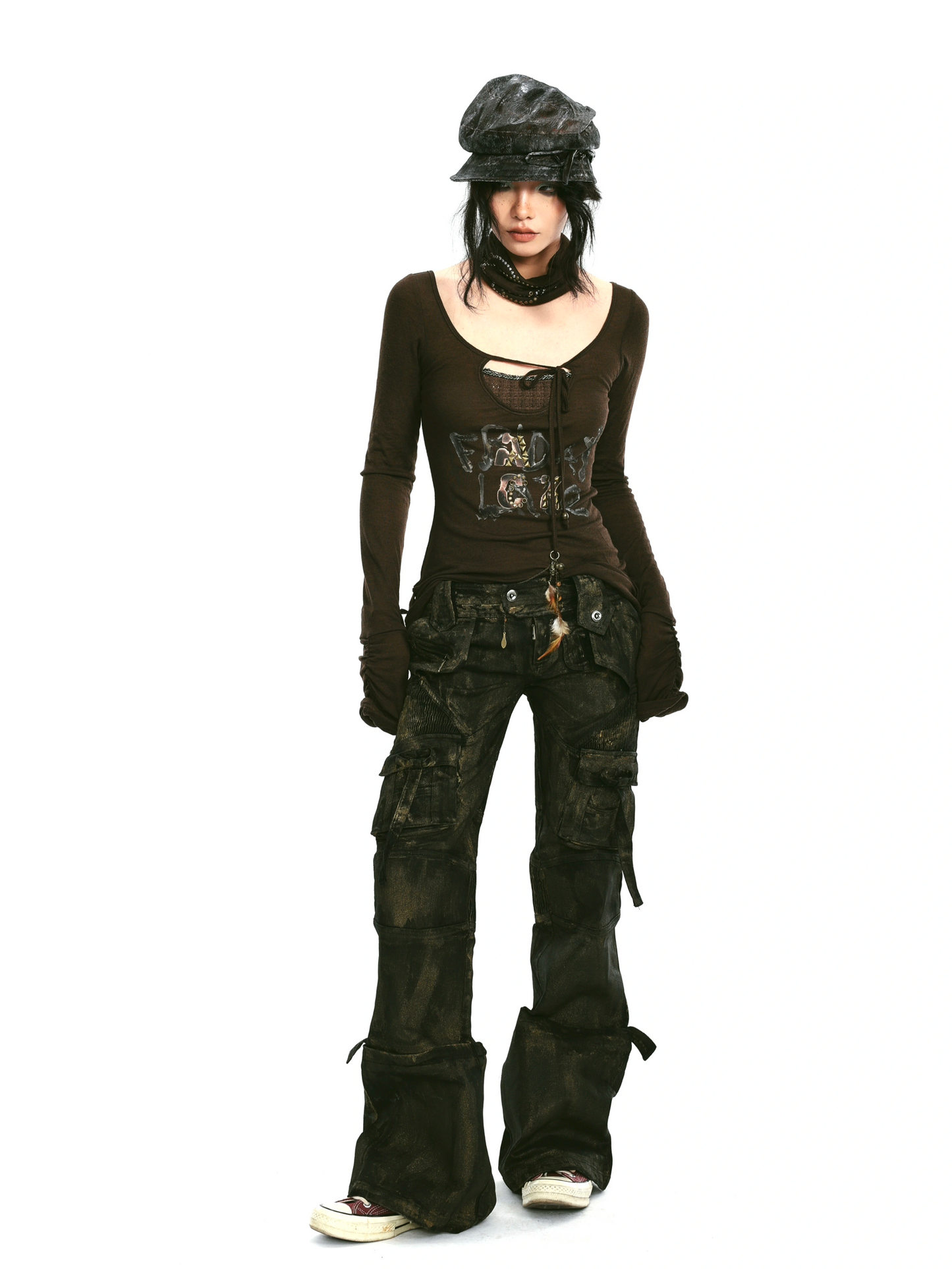 Rivet and print embellished stretch knit top with neckerchief