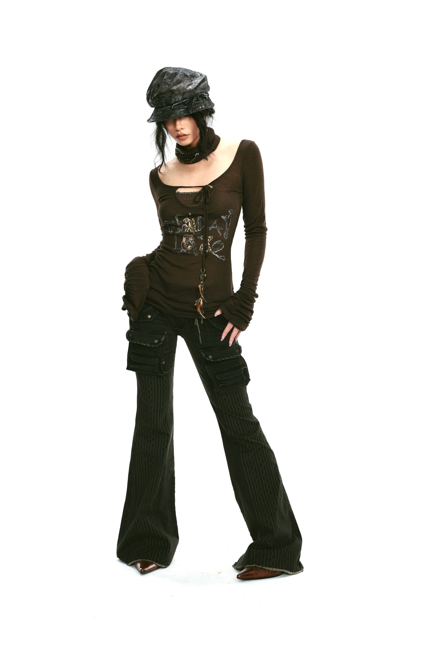 Rivet and print embellished stretch knit top with neckerchief