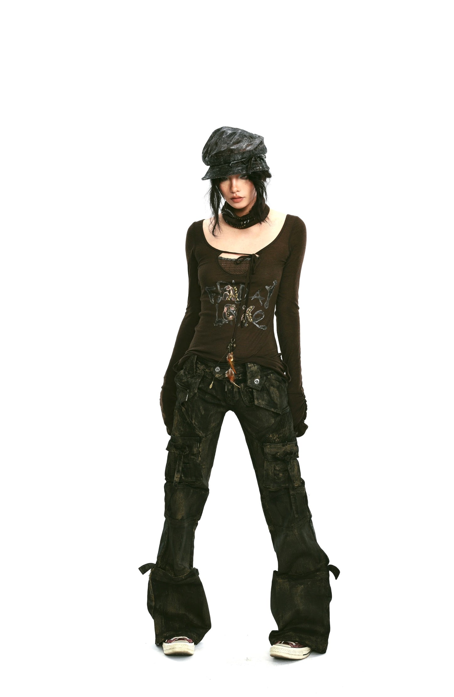 Rivet and print embellished stretch knit top with neckerchief