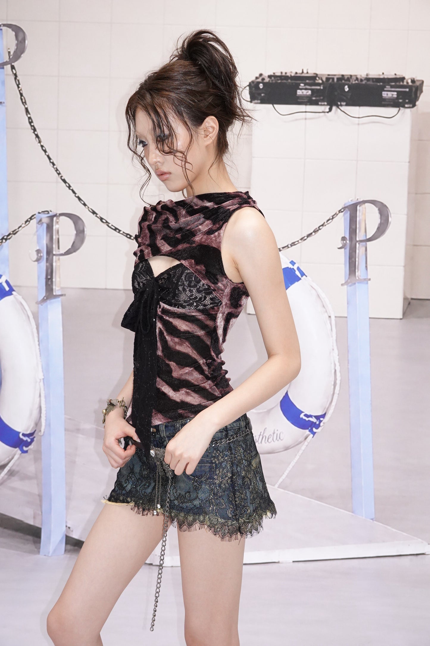 Print Top with Lace Insets