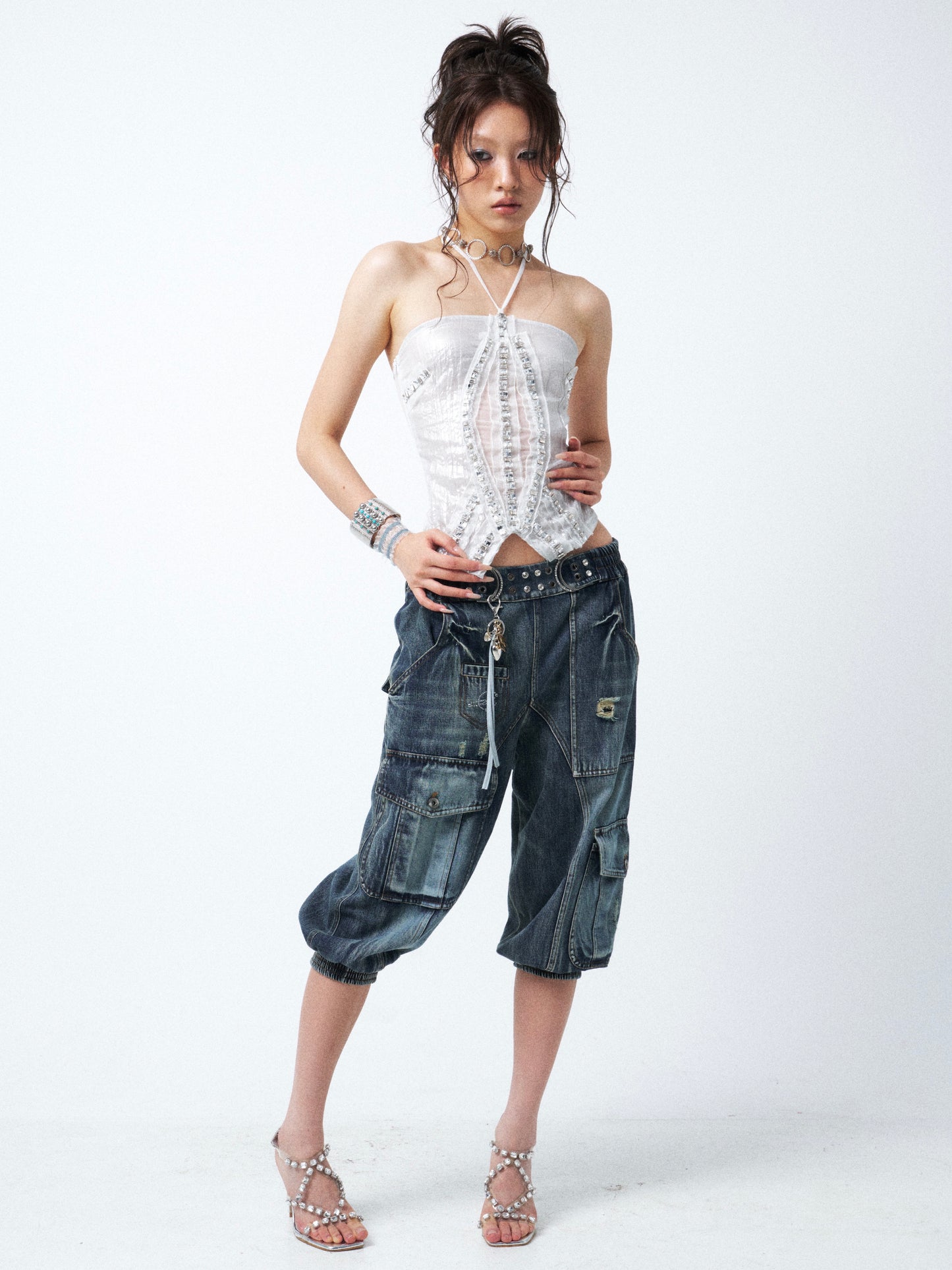 Aqua Blue Distressed Denim Midi Shorts with Rhinestone Studs
