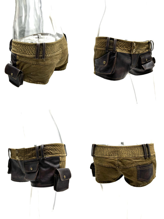 Leather patchwork multi-pocket low-waist shorts
