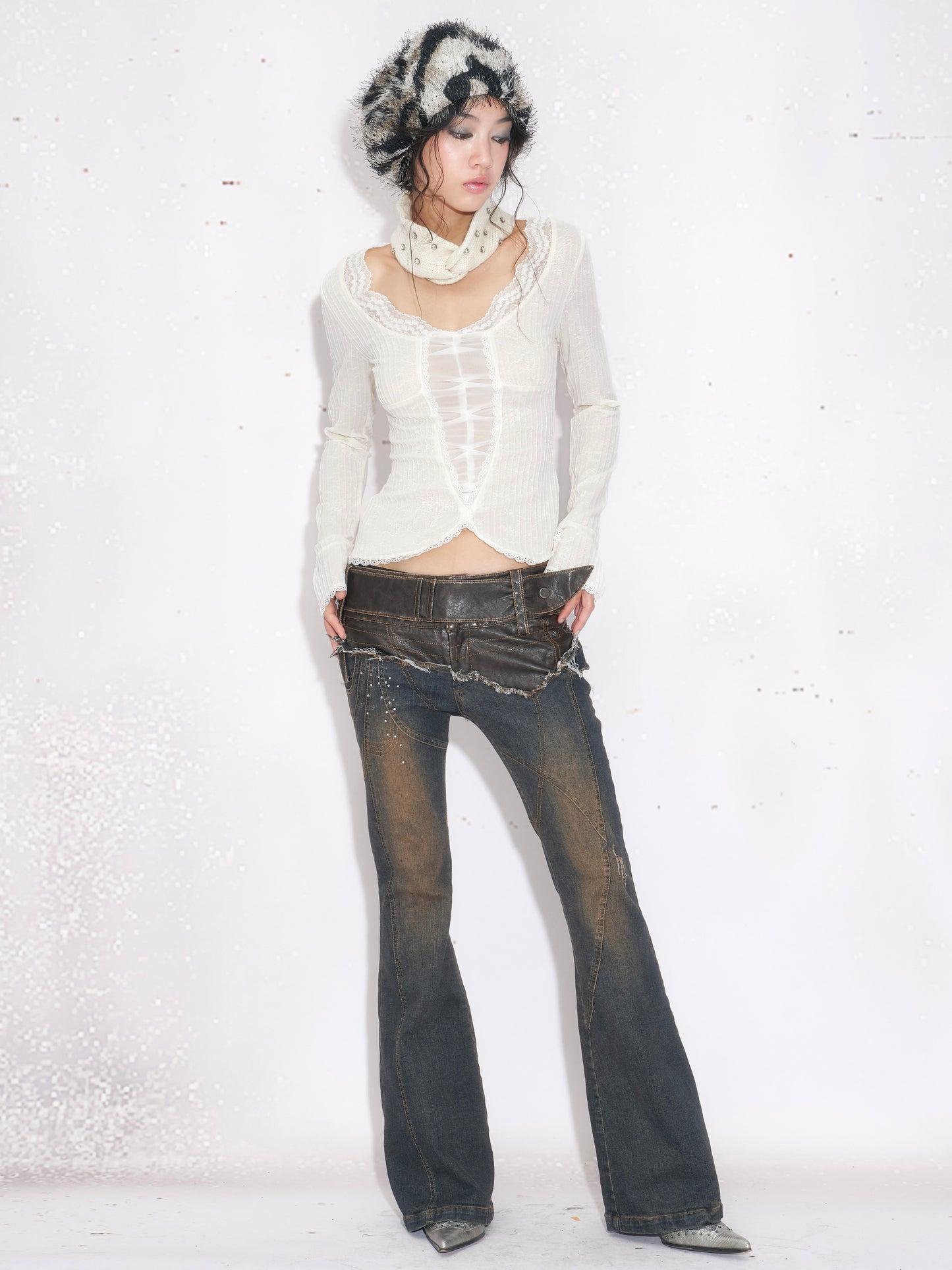 Leather-Paneled Rhinestone Low-Rise Slight Flared Jeans