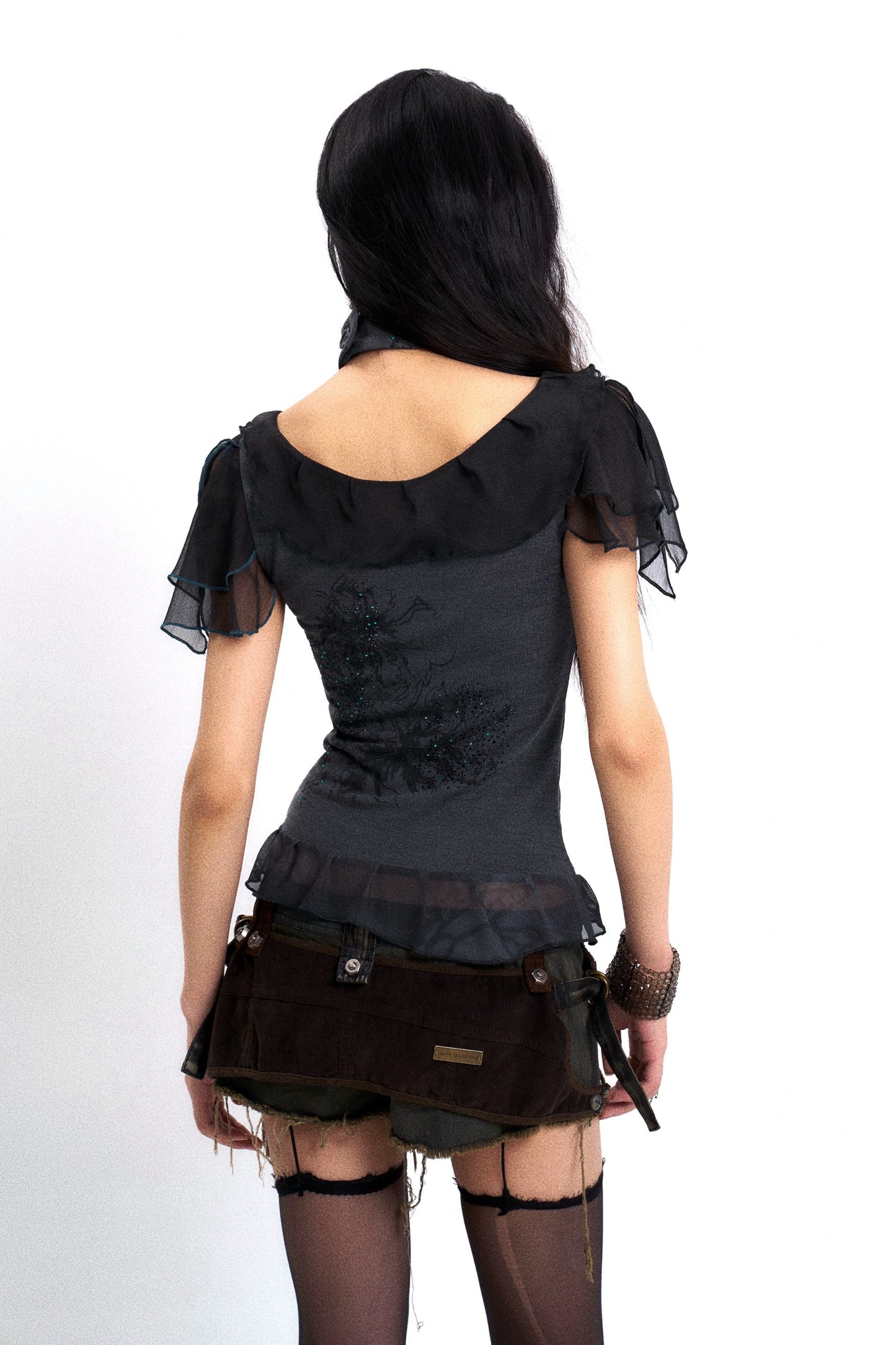 Printed gauze and knitted spliced top with a neck gaiter