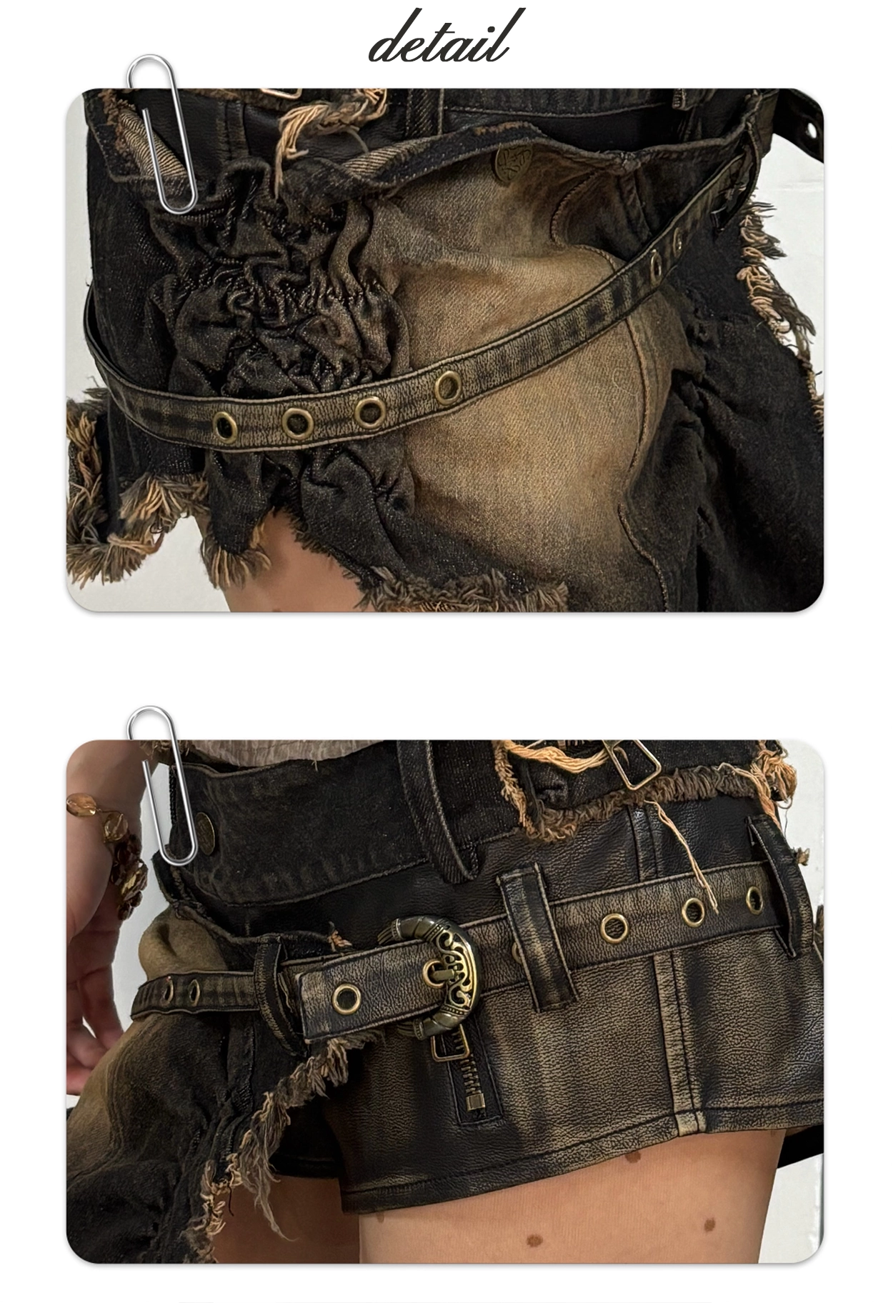 Distressed Wash Raw Hem Denim & Leather Patchwork Shorts with Detachable Waist Corset