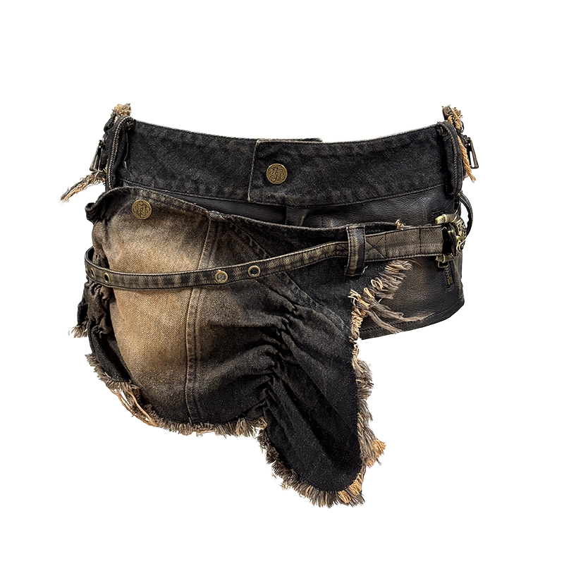 Distressed Wash Raw Hem Denim & Leather Patchwork Shorts with Detachable Waist Corset