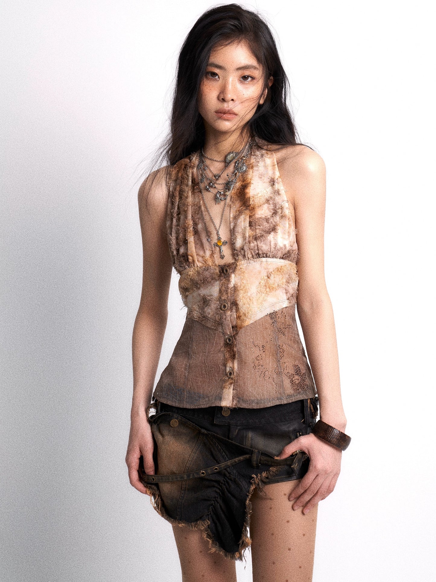 Printed Patchwork Rhinestone Halter Neck Top