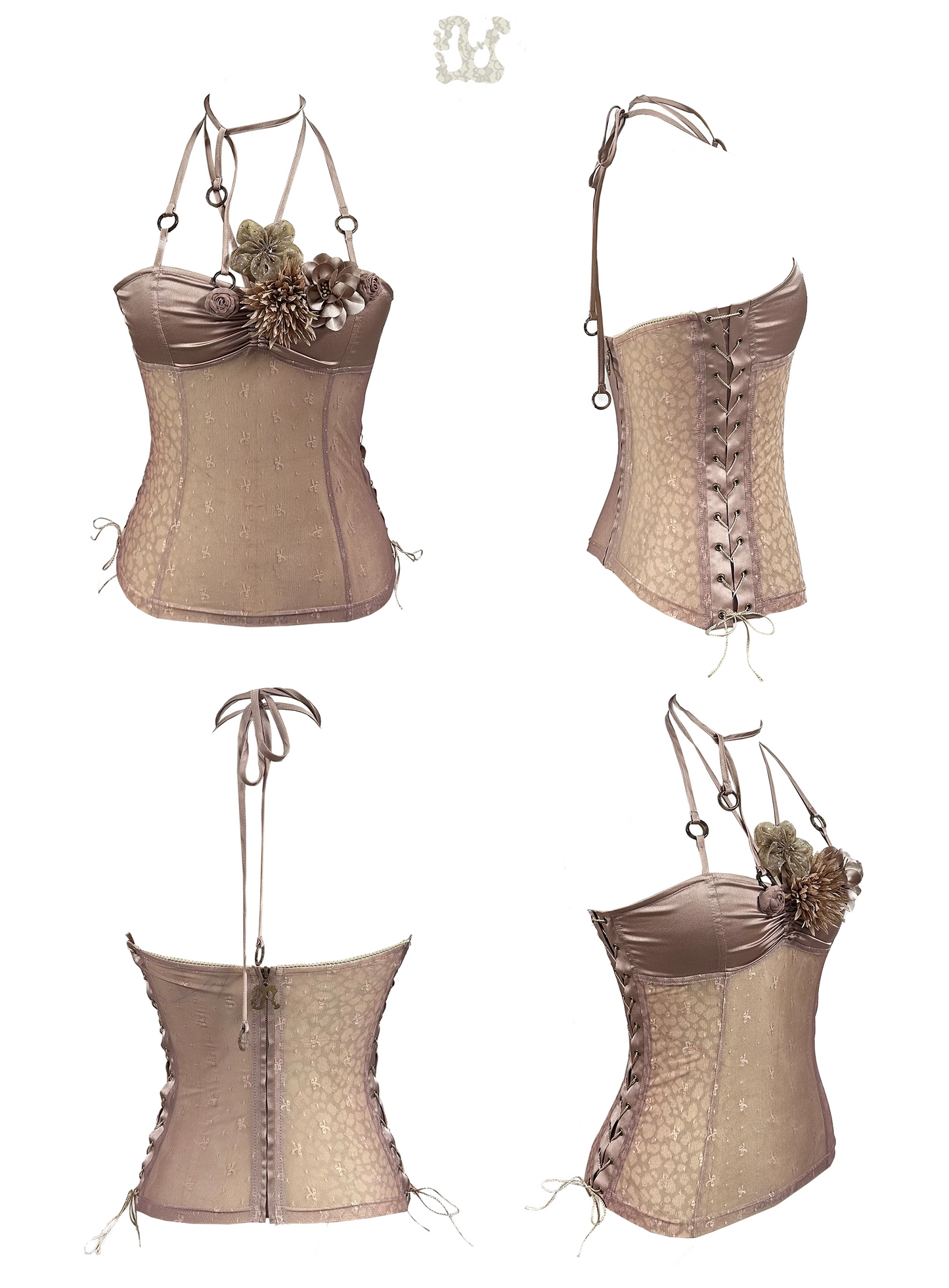 Mesh panel top with dimensional floral appliqué
