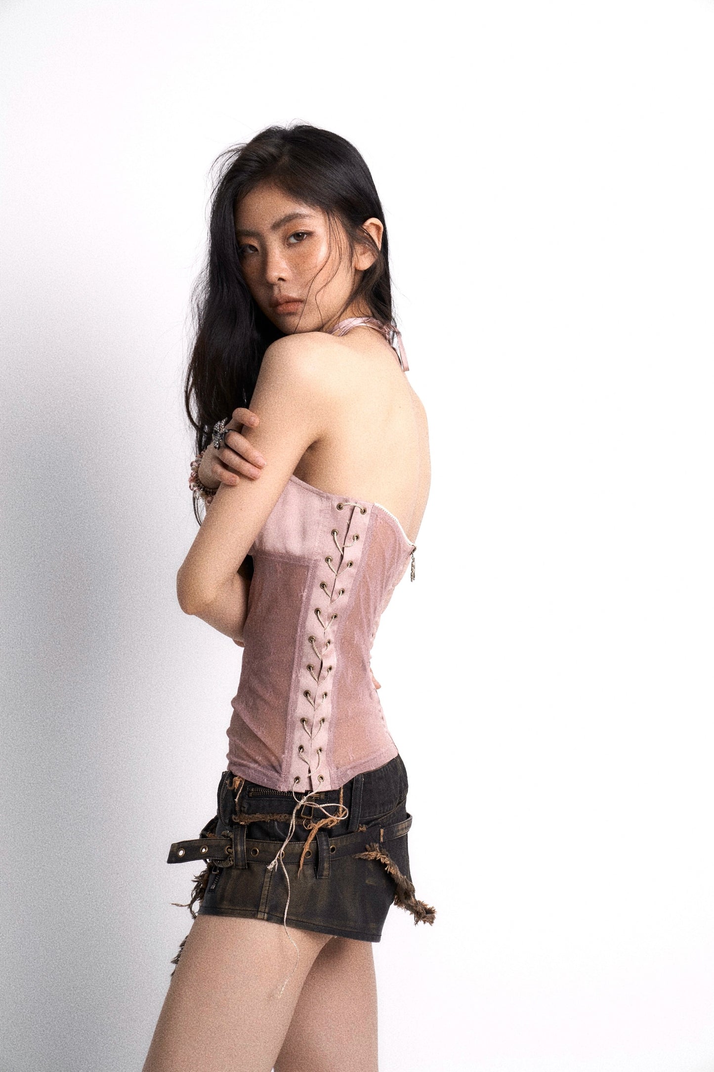 Mesh panel top with dimensional floral appliqué