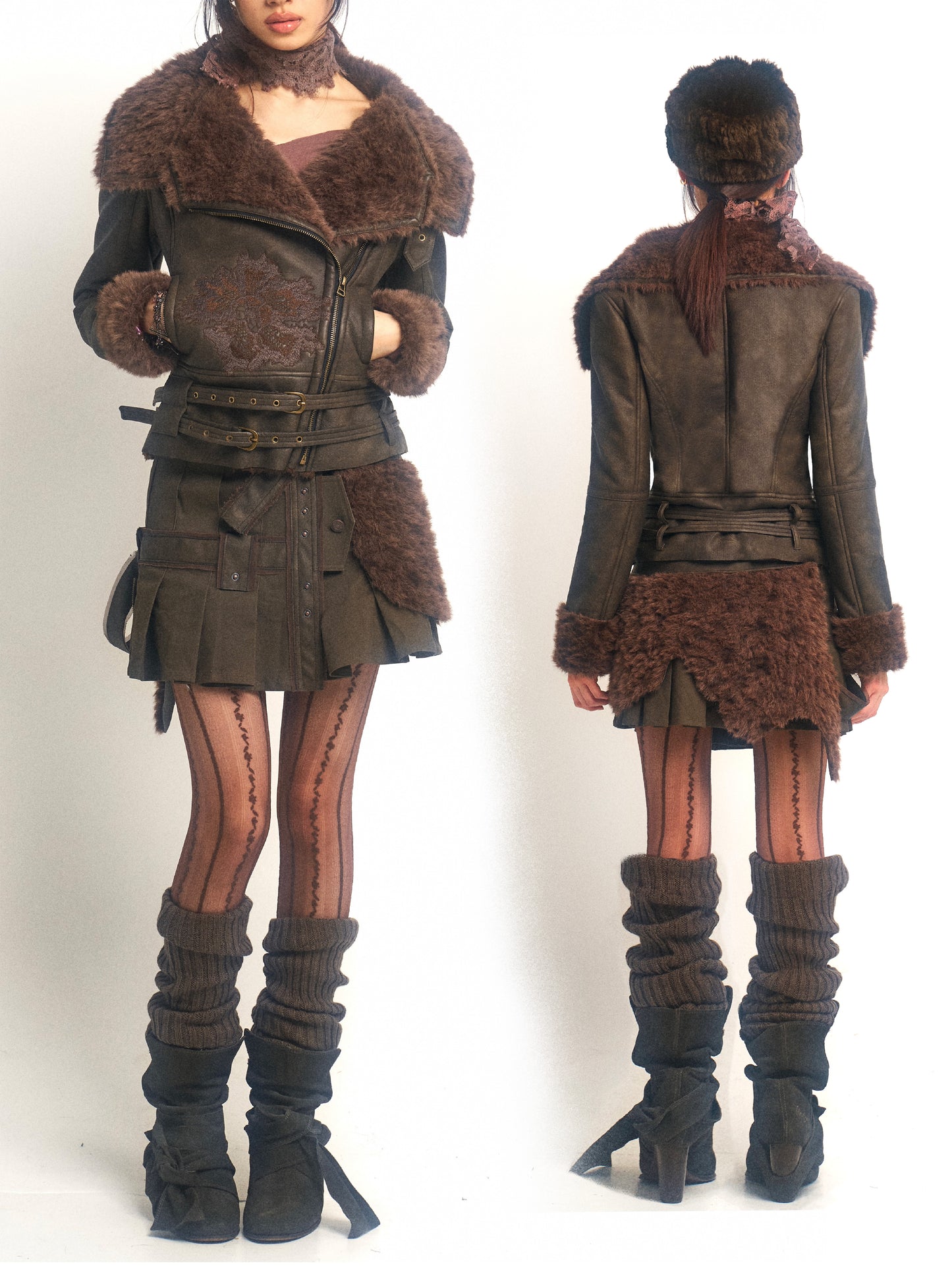 One-piece mini skirt with artificial leather and fur patching