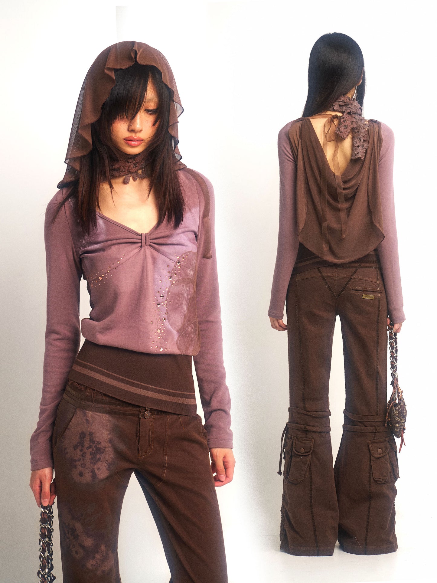 Elastic Knitted and Gauze Patchwork Top