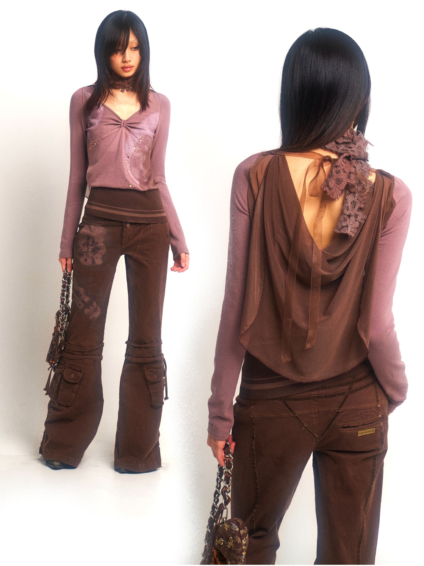 Elastic Knitted and Gauze Patchwork Top