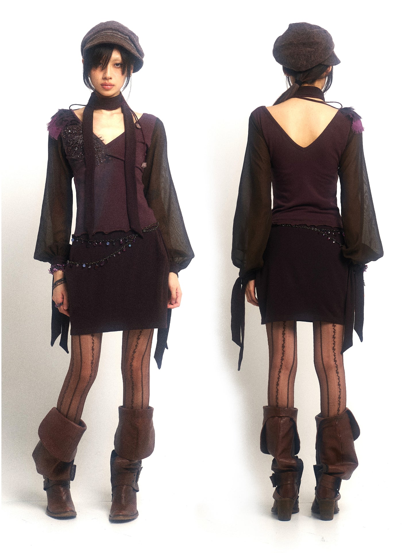 Printed knit and mesh patchwork dress