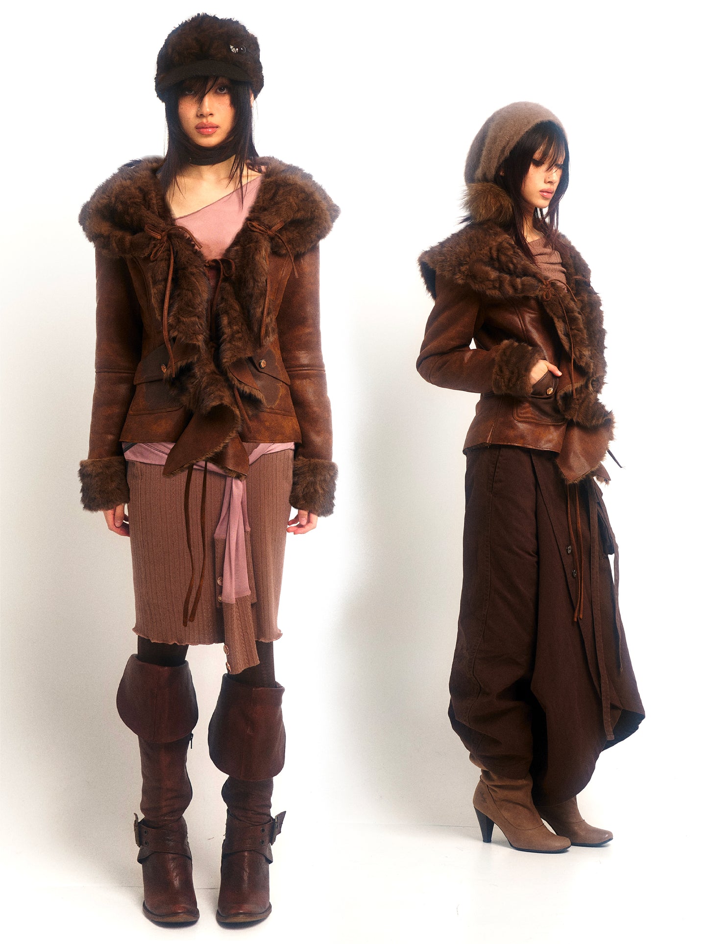 Warm fur-lined coat with a large lapel