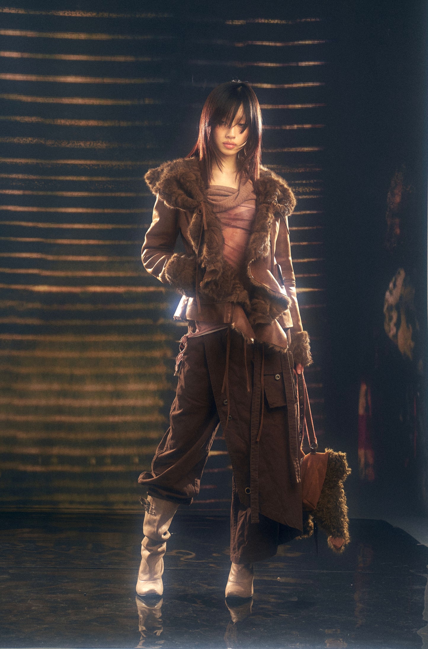 Warm fur-lined coat with a large lapel