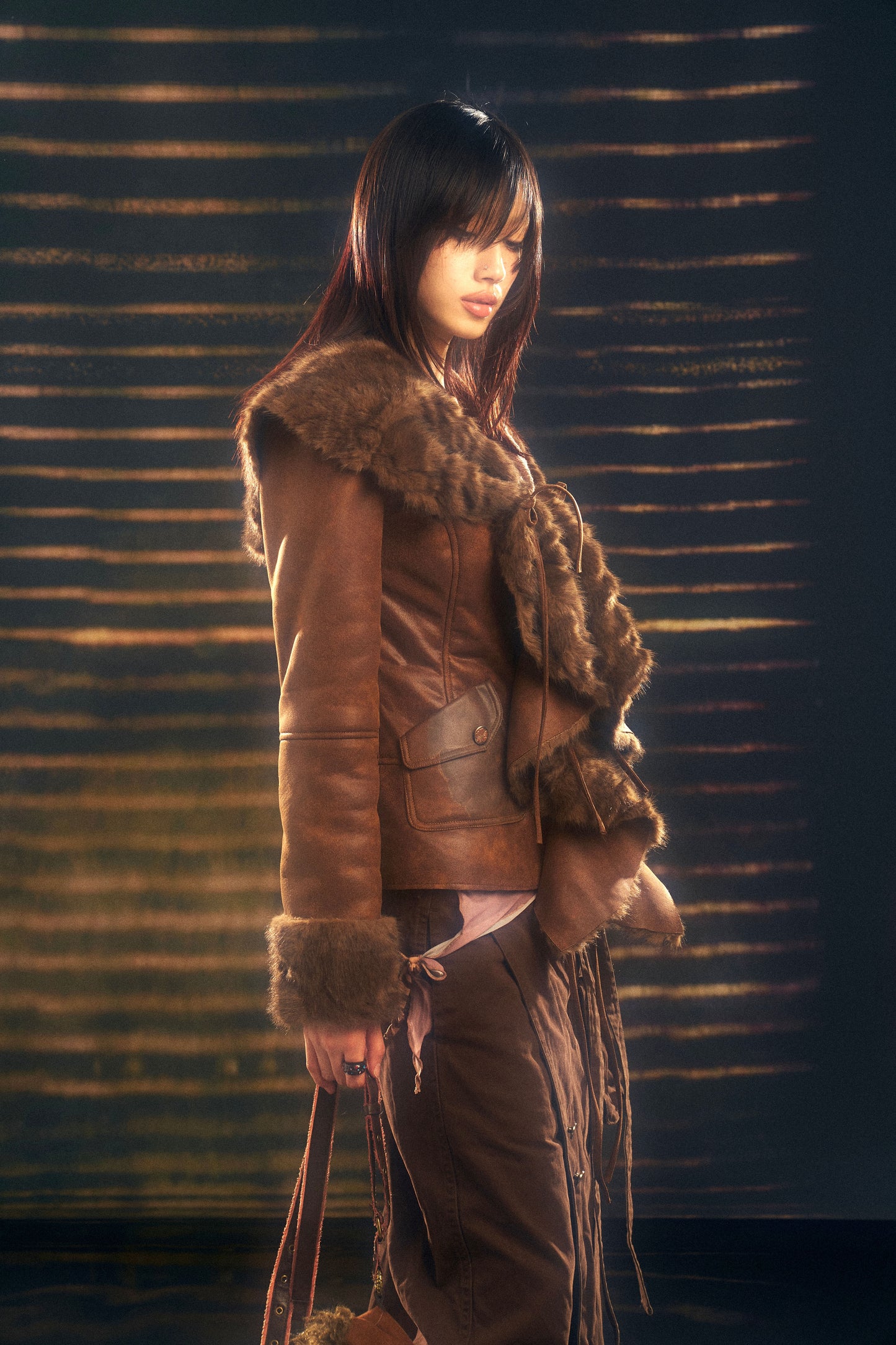 Warm fur-lined coat with a large lapel