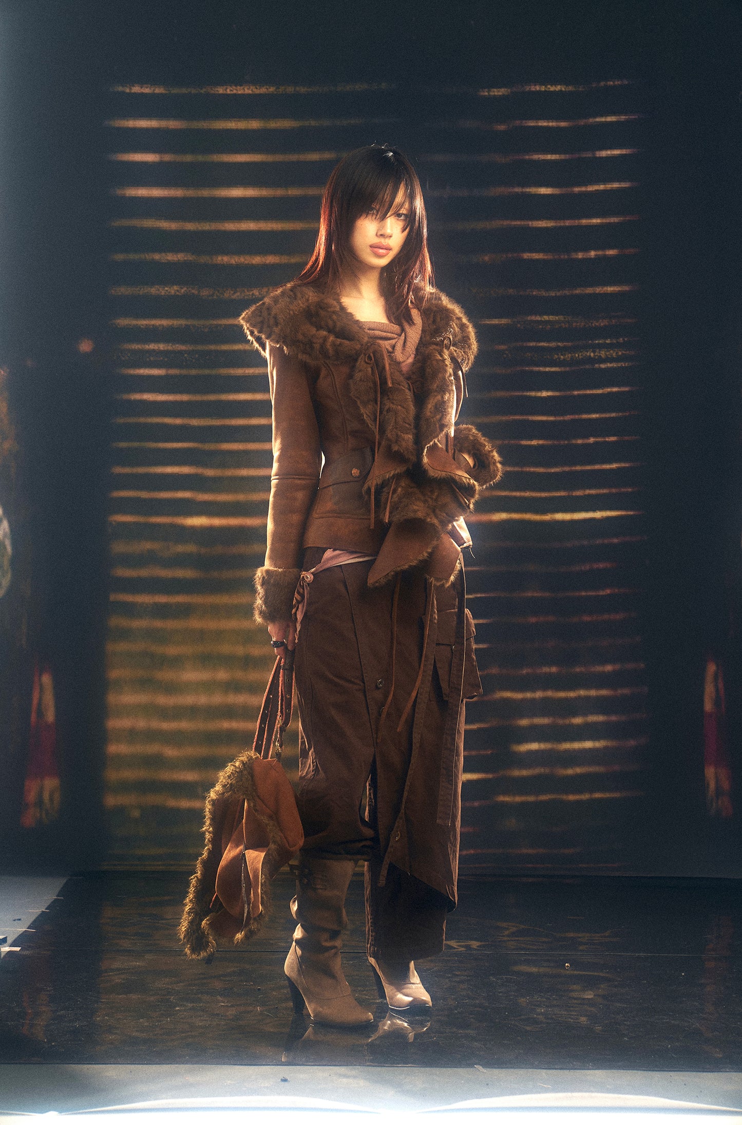 Warm fur-lined coat with a large lapel